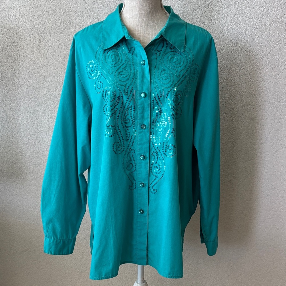 Bob Mackie Wearable Art Western Style Teal Sequin Embroidered Women's Top XL